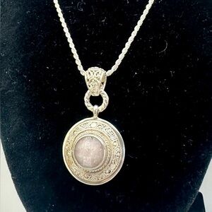 SARDA Sterling Silver Pink Faceted Stone Circle Filigree Scroll Pendant Necklace